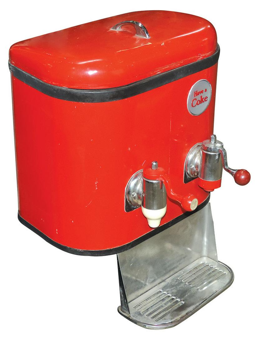 Coca-Cola Multiplex Counter Dispenser, 1950's 2-spigot: Coca-Cola Multiplex Counter Dispenser, 1950's 2-spigot by Multiplex Faucet Co., embossed back panel & one side panel, VG+ orig cond w/interior complete, sits on a later wood mount for display, 24"H x 