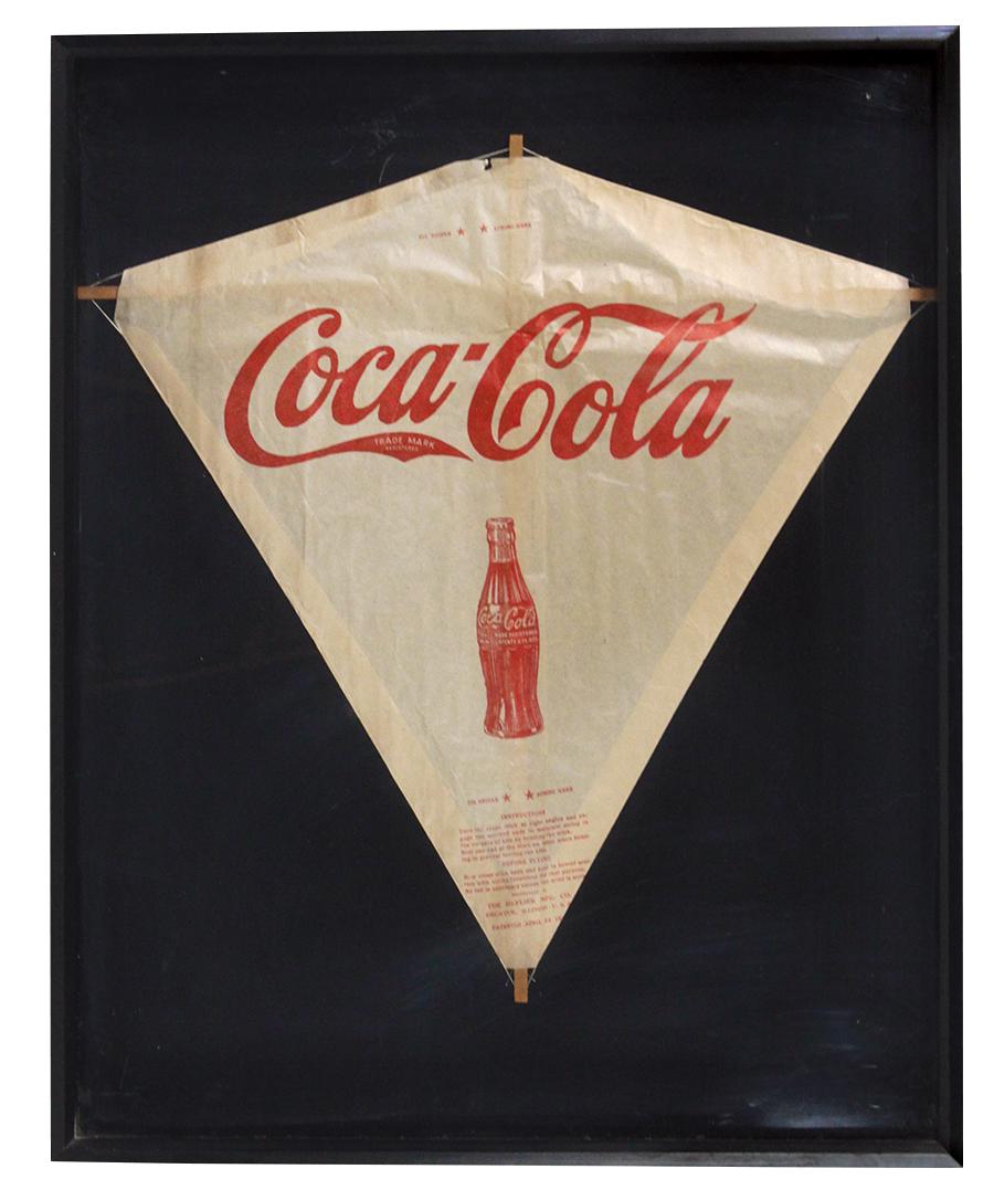 Coca-Cola Kite & Banner (2), 1930's shadow box framed: Coca-Cola Kite & Banner (2), 1930's shadow box framed paper kite, mfgd by Hi-Flier Corp & a cdbd litho 75 Year Centerfold Banner, Exc & VG cond, banner w/some wear and edge stains, 21"H x 72"L (36" fo
