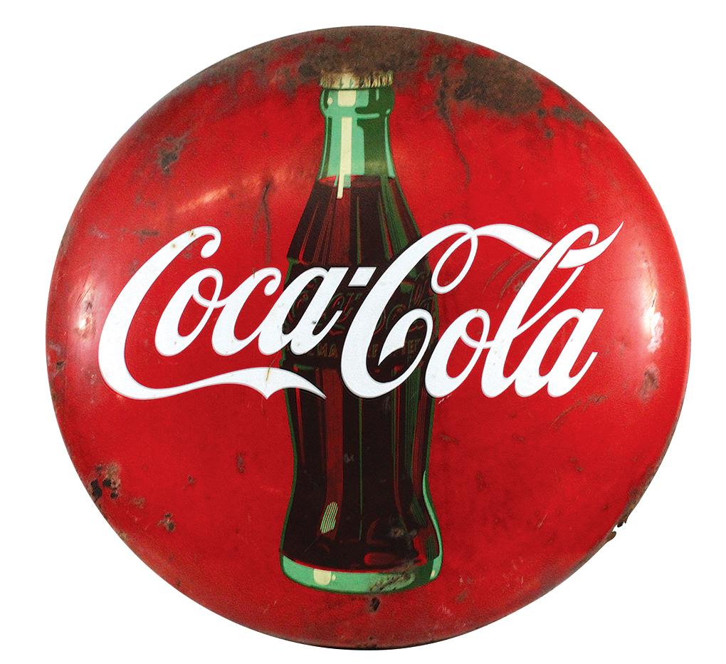 Coca-Cola Advertising Button w/Bottle, 1950: Coca-Cola Advertising Button w/Bottle, 1950's painted steel, Good cond w/losses & oxidation, mostly on edges, 36"Dia x 3"D.