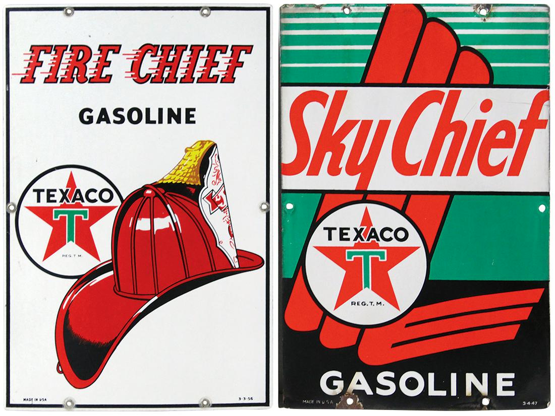 Petroliana, Texaco Pump Plates (2), Sky Chief & Fire: Petroliana, Texaco Pump Plates (2), Sky Chief & Fire Chief, porcelain on steel, dated 1947 & 1956, VG & Exc cond, 18"H x 12"W.
