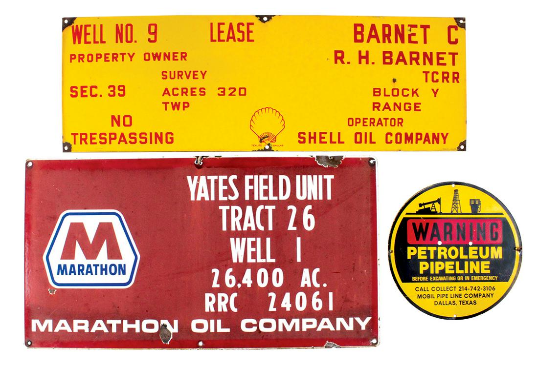 Petroliana, Oil Field Signs (3), Shell Oil Co. "Well: Petroliana, Oil Field Signs (3), Shell Oil Co. "Well #9", porcelain on steel from "R. H. Barnet", by Texlite-Dallas, "Marathon Oil Co.-Yates Field Unit", porcelain on steel & Mobil Pipeline, painted a