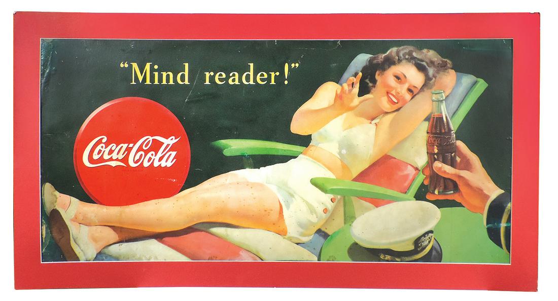 Coca-Cola Sign, "Mind Reader", WWII era Naval-Inspired: Coca-Cola Sign, "Mind Reader", WWII era Naval-Inspired cdbd litho, Fair cond, margins w/wear & losses, scattered stains & early repairs/touch-ups, laid down on mount board w/mat, 31"H x 59"L.