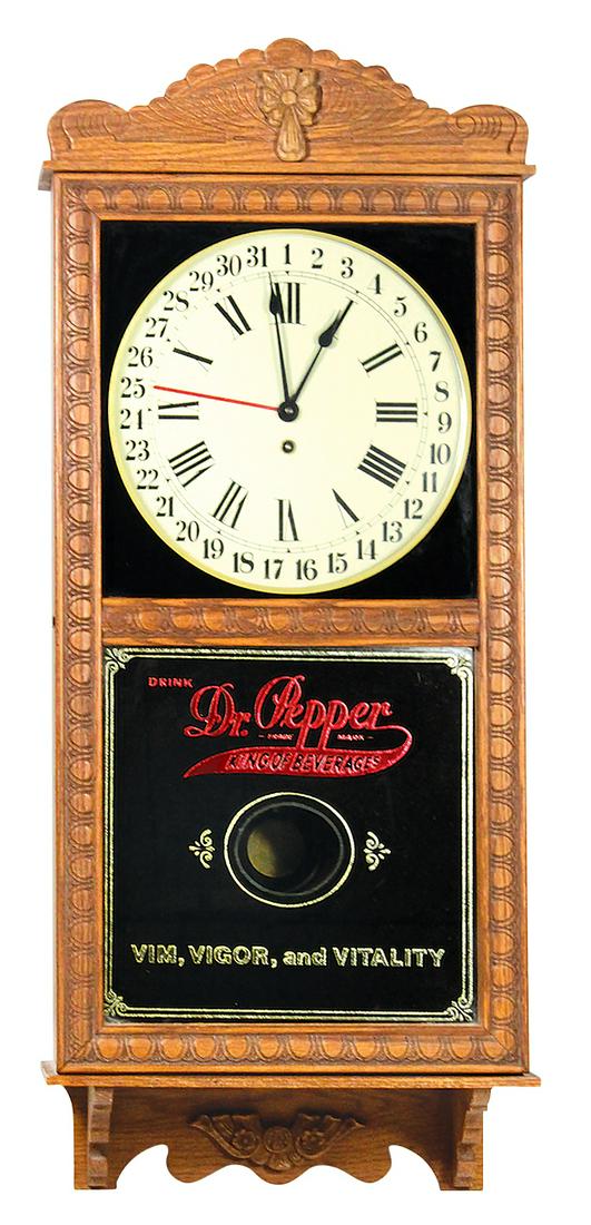Soda Fountain Dr. Pepper Clock, c.1970's Victorian: Soda Fountain Dr. Pepper Clock, c.1970's Victorian Style wall clock, embossed oak case w/calendar movement & silvered reverse-gilt lettered lower glass, Exc working cond, 38"H x 16"W x 6"D.