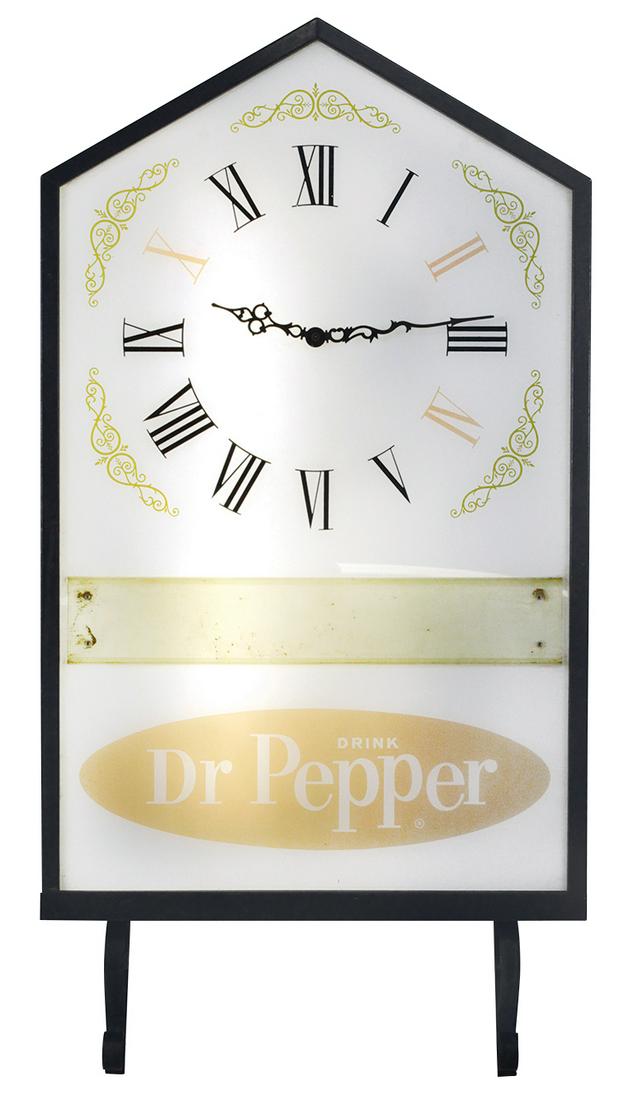 Soda Fountain Dr Pepper Lighted Clock, 1960: Soda Fountain Dr Pepper Lighted Clock, 1960's metal steeple-form case w/scrolled lower brackets, reverse decorated Plexiglas front w/slide out card holder, VG working cond w/some color fade, 40"H x 20
