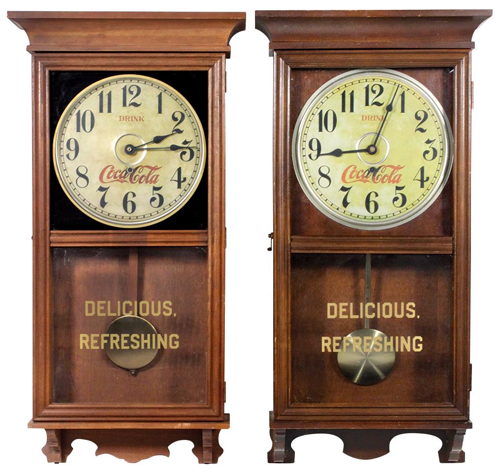 Coca-Cola Victorian Style Clocks (2), c.1970's: Coca-Cola Victorian Style Clocks (2), c.1970's w/identical cases in maple & walnut finish w/aged dials & painted "Delicious-Refreshing" lower tablets, VG to Exc cond, 26.5"H x 13"W x 5"D.