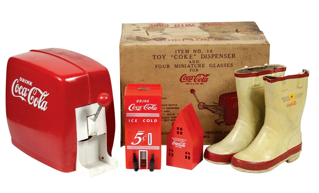 Coca-Cola Child's Boots & Novelties (4),: Coca-Cola Child's Boots & Novelties (4), all 1950's & 60's, Scarce Child's Coca-Cola rubber boots (missing pull straps), toy Coca-Cola dispenser #16 by Trim Molded Products in orig box (glasses absent