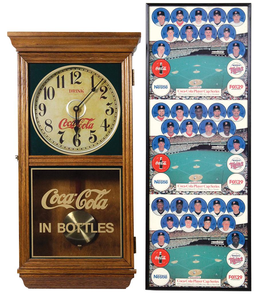 Coca-Cola Clock & Sports Card (2), c.1970's oak: Coca-Cola Clock & Sports Card (2), c.1970's oak Victorian style clock & an uncut 1995 Limited Ed. Coke Player Cap Series card, Exc cond, 28.5"H x 8.5"W.