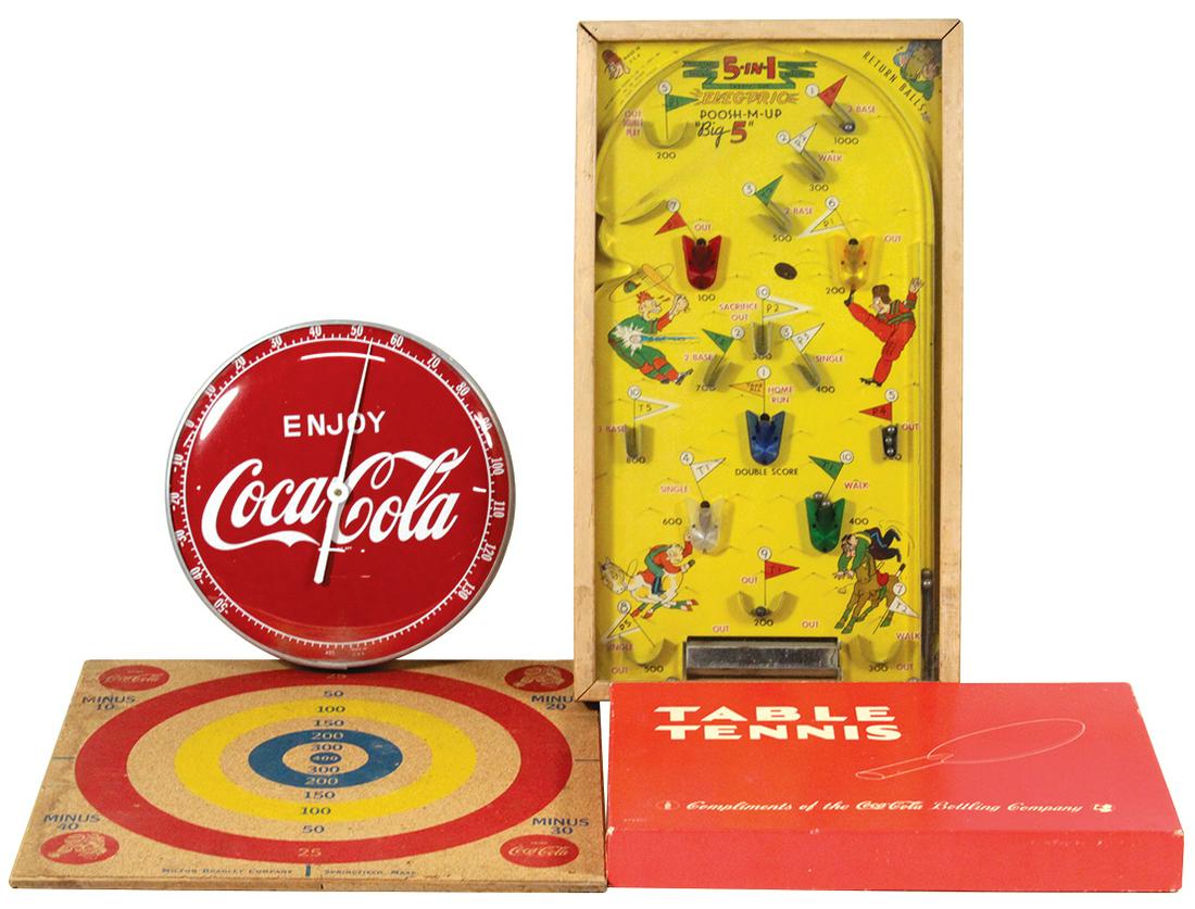 Coca-Cola Games & Promotional Items (4), 1940's-50's: Coca-Cola Games & Promotional Items (4), 1940's-50's, small Coca-Cola dial thermometer, Chinese Checkers board, Milton Bradley cork dart board, boxed Table Tennis game & an electric "Poosh-M-up marble