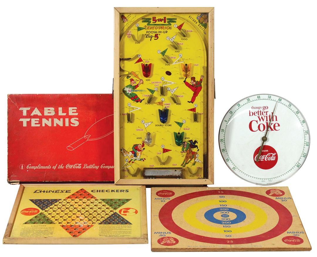 Coca-Cola Games & Promotional Items (5), 1940's-: Coca-Cola Games & Promotional Items (5), 1940's-50's, small Coke dial thermometer, Chinese Checkers board, Milton Bradley cork dart board, boxed Table Tennis game & an electric "Poosh-M-up game, most 