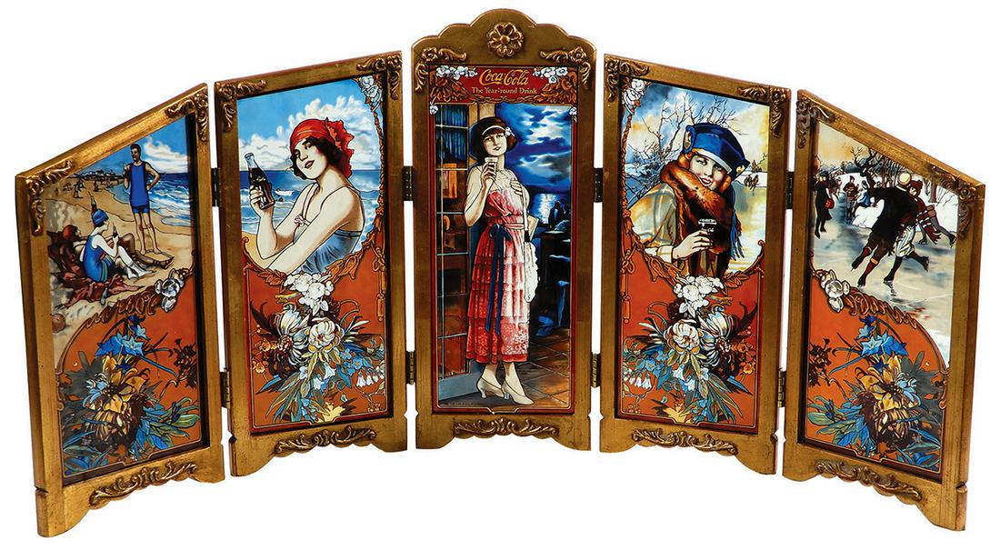 Coca-Cola Display, Coca-Cola Four Seasons, stained: Coca-Cola Display, Coca-Cola Four Seasons, stained glass folding 5-panel display, U.S. Historical Society 100th Anniv of Coca-Cola, c.1980's, Exc orig cond, 13"H x 26"W when flat.