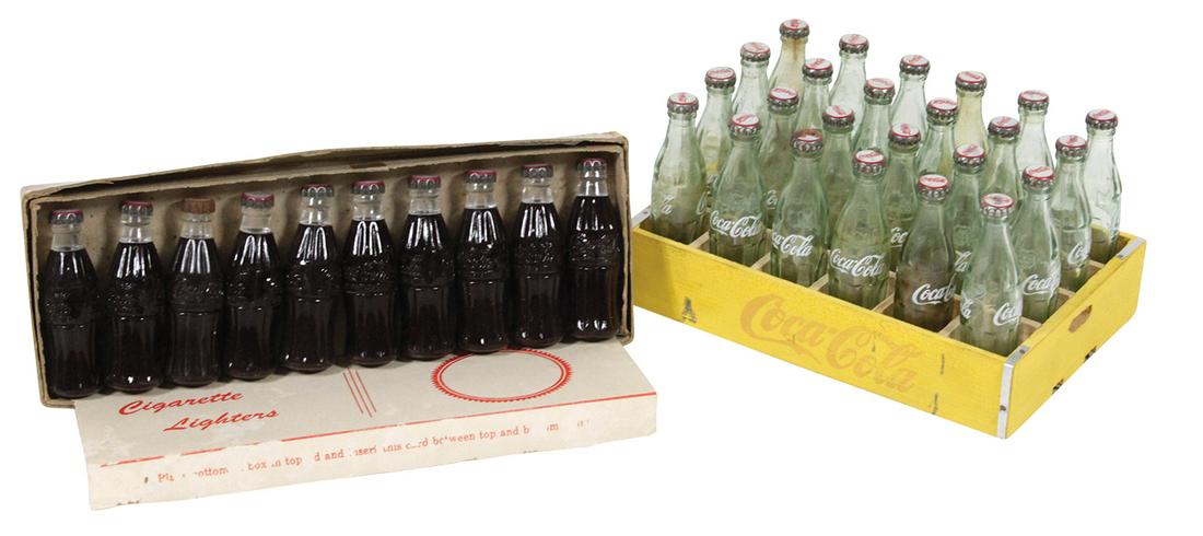 Coca-Cola Miniature Bottle Lighters & Case (2), Rare: Coca-Cola Miniature Bottle Lighters & Case (2), Rare full box of 10 plastic cigarette lighters, c.1950's in orig box & a wood 24-bottle case, all Exc cond, bottle case is 3"H x 6"W x 4"D.