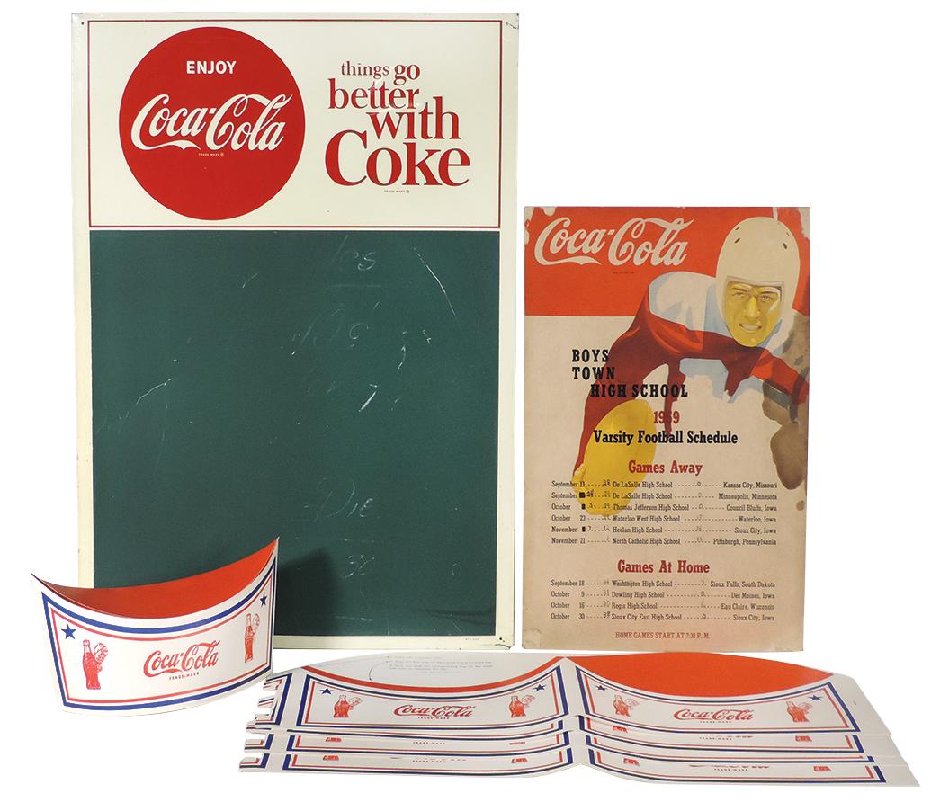 Coca-Cola items (7), metal menu board, marked MCA 2463,: Coca-Cola items (7), metal menu board, marked MCA 2463, VG+ cond, 28"H x 20"W, 1959 Boystown cdbd football schedule, Good cond w/written numbers & changed dates, 19.5"H x 12.5"W & 5 NOS paper soda jer