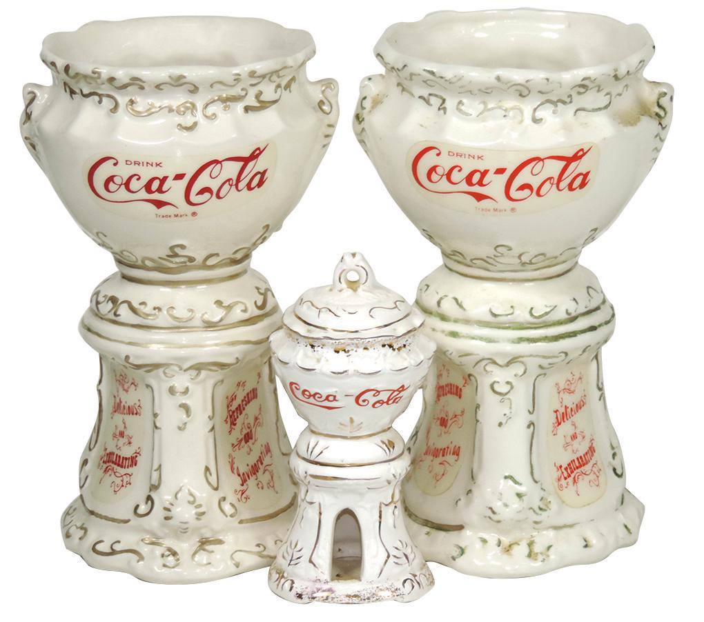 Coca-Cola Anniversary Miniatures (3), two 75th: Coca-Cola Anniversary Miniatures (3), two 75th urn-shaped pencil stands, 7"H & a Centennial Miniature Urn, 4.5"H, all Exc cond.