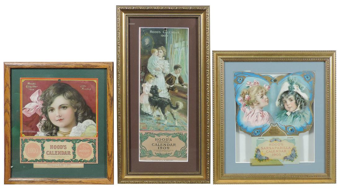 Advertising Calendars (3), Hood's Sarsaparilla, 1905,: Advertising Calendars (3), Hood's Sarsaparilla, 1905, 1909 & 1910, each prof framed & matted, 1st two with visible backs & full calendar pads with covers, VG to Exc cond with mailing folds, up to 16"H