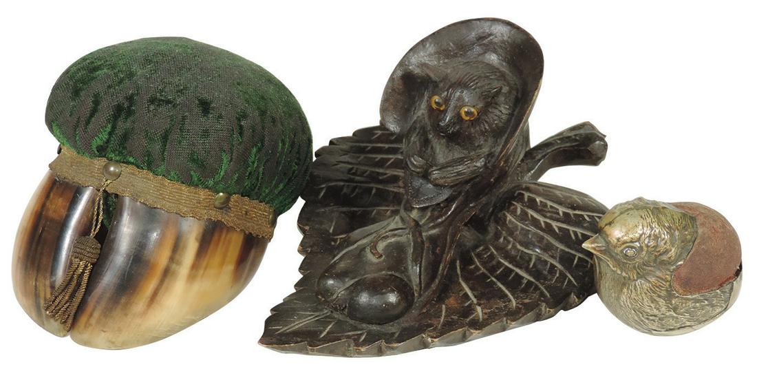 Victorian Sewing Notions (3), all novelty pin cushions:: Victorian Sewing Notions (3), all novelty pin cushions: Black Forest carved mouse in shoe, game animal hoof & silvered hen in egg stamped "S.M.& Co.", Exc cond, largest 5"H X 8"W.