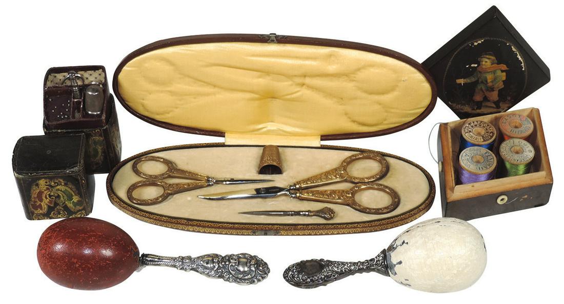 Victorian Sewing Notions (5), French 4-pc leather cased: Victorian Sewing Notions (5), French 4-pc leather cased set w/silver gilt, floral repousse scissors, pick & thimble w/Boars Head Hallmarks, 2 silver-handled darners, Florentine embossed & gilt leather