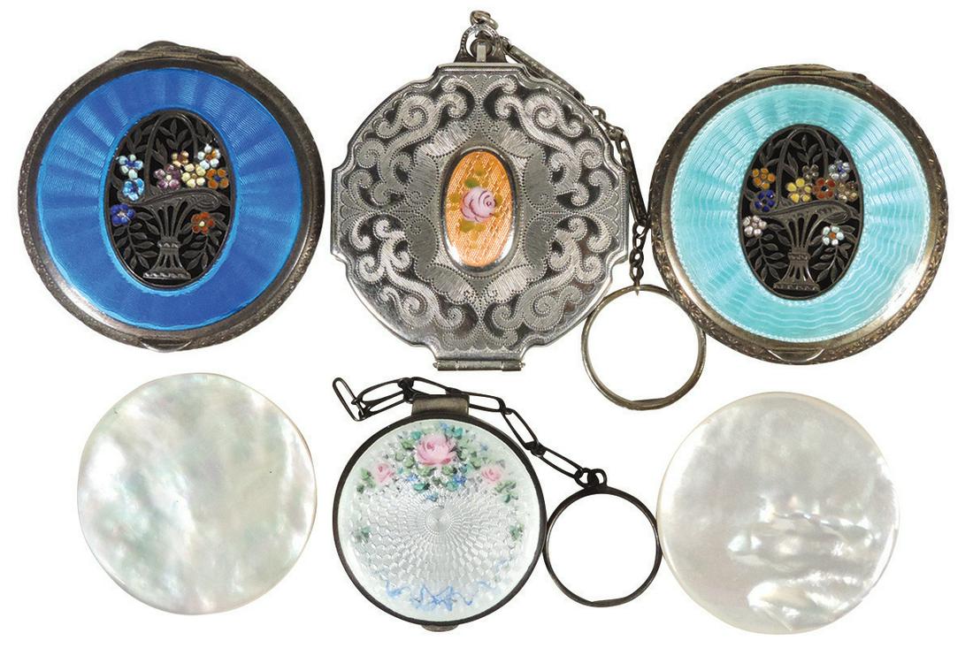Victorian Vanity & Fashion (6), 2 Austrian guilloche: Victorian Vanity & Fashion (6), 2 Austrian guilloche enameled Sterling Silver compacts (1 marked), 2 silvered compacts w/enameled tops & 2 Mother of Pearl/celluloid powder jars, all VG to Exc cond, 1.