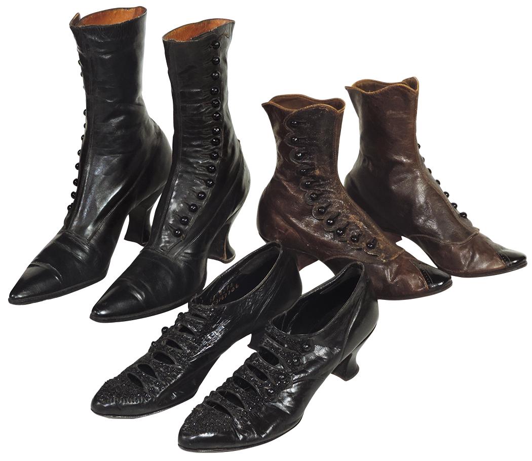 Victorian Vanity & Fashion (6), 3 pair of ladies button: Victorian Vanity & Fashion (6), 3 pair of ladies button shoes: high ankle black leather, medium ankle brown leather w/ black toe & low top w/beaded straps, all early 1900's, VG to Exc cond, up to 10.5