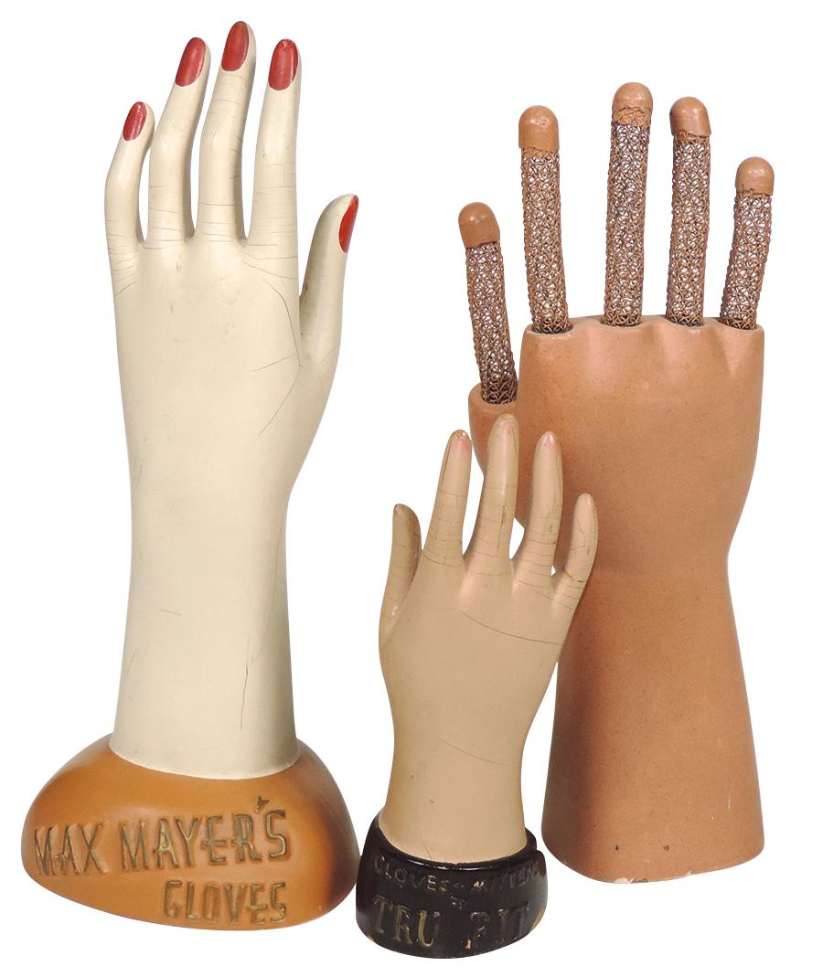 Clothing Store Display Hands (3), composition "Max: Clothing Store Display Hands (3), composition "Max Mayer's Gloves, Tru-Fit & one w/moveable fingers, VG orig cond w/a few nicks, craquelure & wear, largest 12"H x 5"W x 4"D.
