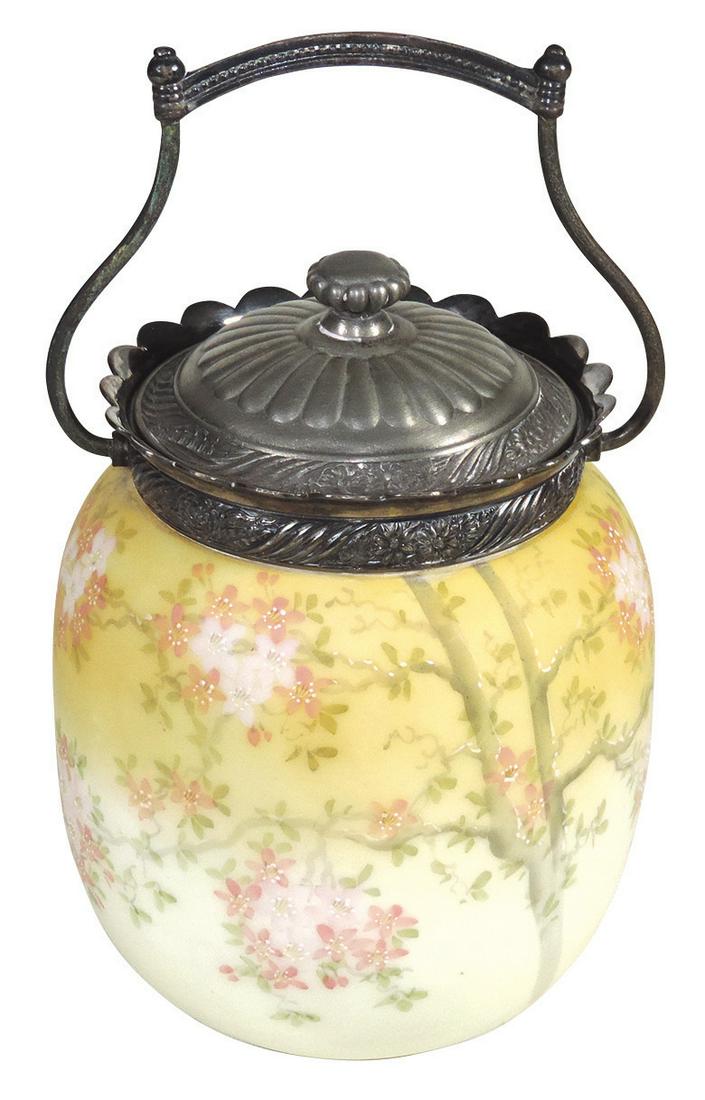 Art Glass, Pairpoint/ Mt. Washington Biscuit Jar,: Art Glass, Pairpoint/ Mt. Washington Biscuit Jar, hand-painted & enameled Cherry Blossoms on shaded yellow ground, cover stamped "P" in diamond, VG to Exc cond, 7.5"H.