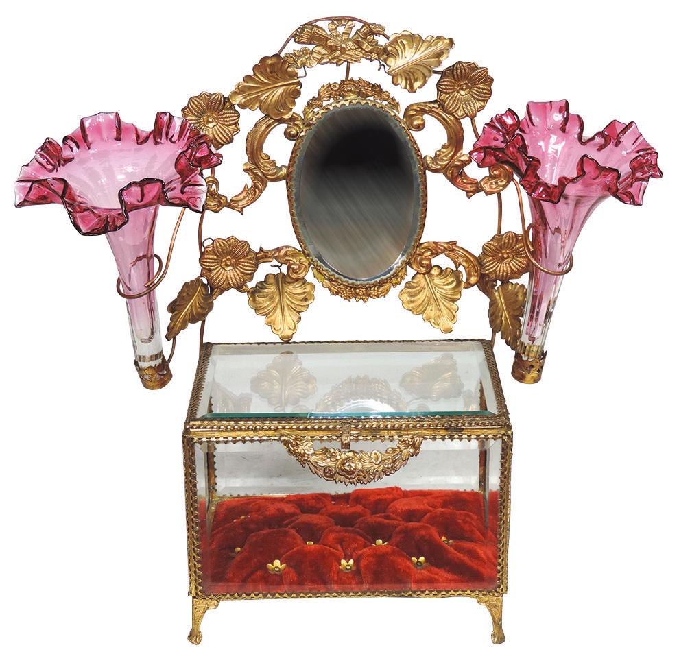 Art Glass, French Marriage Vitrine w/Epergnes, beveled: Art Glass, French Marriage Vitrine w/Epergnes, beveled glass w/gilt metal mounts supporting cranberry glass vases, VG to Exc cond, 14"H x 15"W x 7"D.
