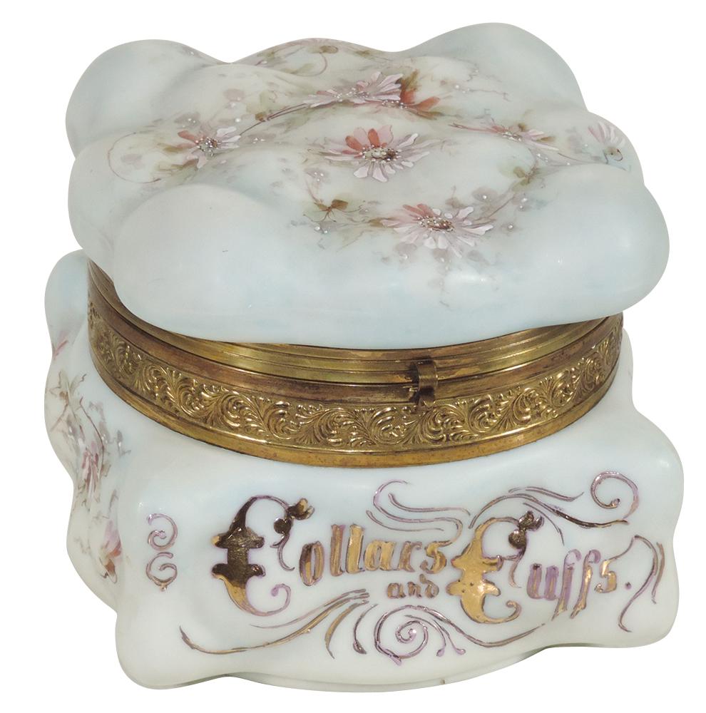 Art Glass, Wavecrest "Collars & Cuffs" Box, Egg Crate: Art Glass, Wavecrest "Collars & Cuffs" Box, Egg Crate mold w/hand-painted florals & gold enameled lettering, VG cond w/liner absent & later stamped block mark w/varnished coating, 6"H x 6.75"Sq.