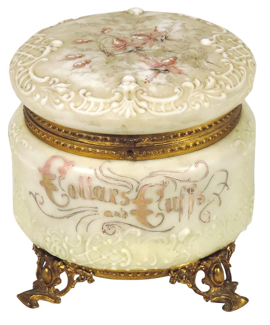 Art Glass, Wavecrest "Collars & Cuffs" Box, signed: Art Glass, Wavecrest "Collars & Cuffs" Box, signed banner mark, scroll & lattice mold w/footed ormolu base, VG cond w/bottom liner absent, 7"H x 7.5"Dia.