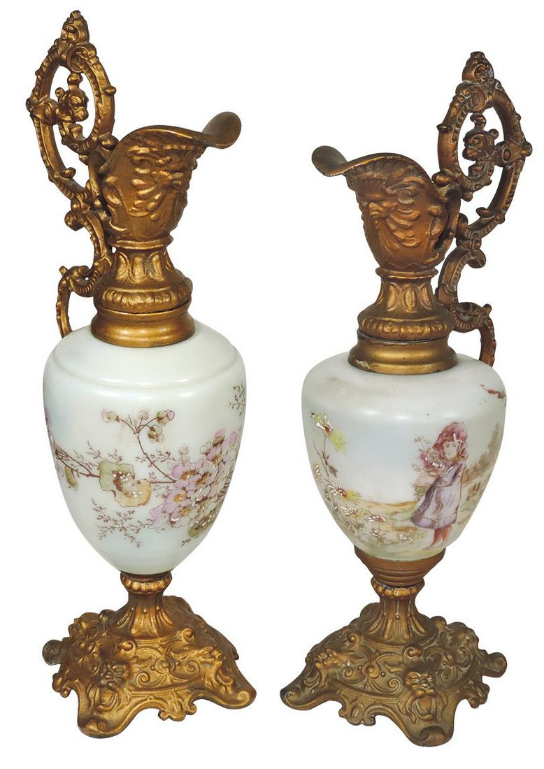 Art Glass (2), Wavecrest Griffin-handled ewers, one: Art Glass (2), Wavecrest Griffin-handled ewers, one w/Sunbonnet Girl, other w/florals, VG cond, 15" & 15.75"H.