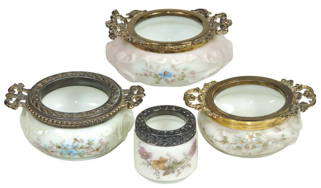 Art Glass (4), Wavecrest, 3 trays w/gilt handles &: Art Glass (4), Wavecrest, 3 trays w/gilt handles & toothpick holder, 2 w/block marks, 2 unsigned, VG to Exc cond w/no liners, 1.5"Dia to 4.5"L.