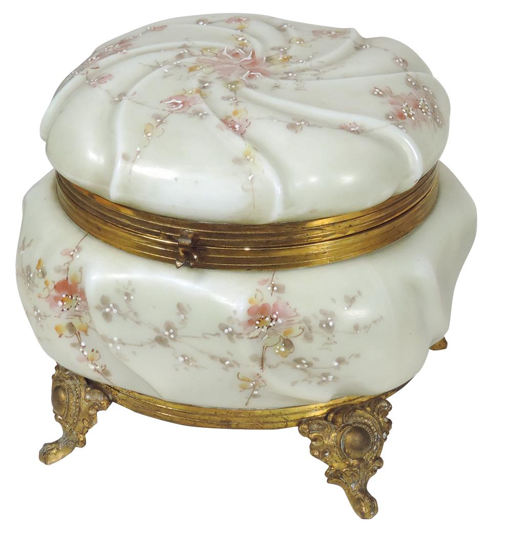 Art Glass, Wavecrest Dresser Box, Helmschmied swirl: Art Glass, Wavecrest Dresser Box, Helmschmied swirl w/hand-painted florals & ormolu footed base, VG cond w/liner absent, 7"Sq x 6.5"H.