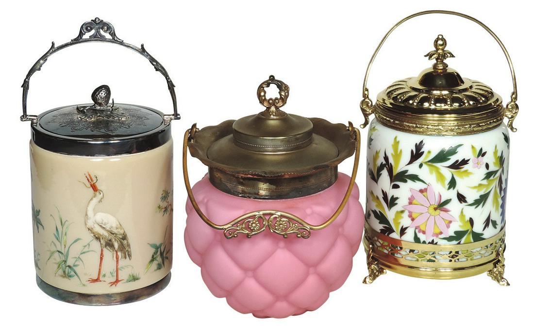 Art Glass Biscuit Jars (3), mocha Bristol glass hand: Art Glass Biscuit Jars (3), mocha Bristol glass hand enameled w/Storks, white opal foliage & a pink satin quilted diamond pattern, VG to Exc cond, 8" to 9"H & 5" to 6"Dias.