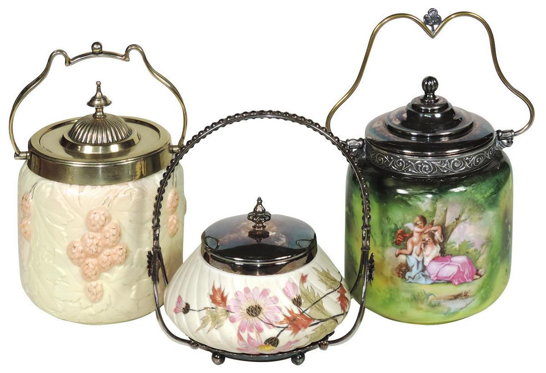 Victorian Biscuit Jars (3), Locke & Co.-Worcester: Victorian Biscuit Jars (3), Locke & Co.-Worcester w/blackberries, Victorian Austria w/Cupid & a Royal Rudolstadt sweetmeat in silvered frame, VG to Exc cond, largest 7.5"H x 5.5"Dia.