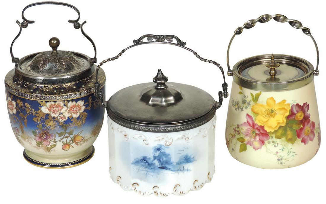 Victorian Biscuit Jars (3), Wiltshaw & Robinson: Victorian Biscuit Jars (3), Wiltshaw & Robinson "Carltonware", painted glass "Delft" & a Royal Worcester, VG to Exc cond, 5" to 7"H x 5.25"Dia.