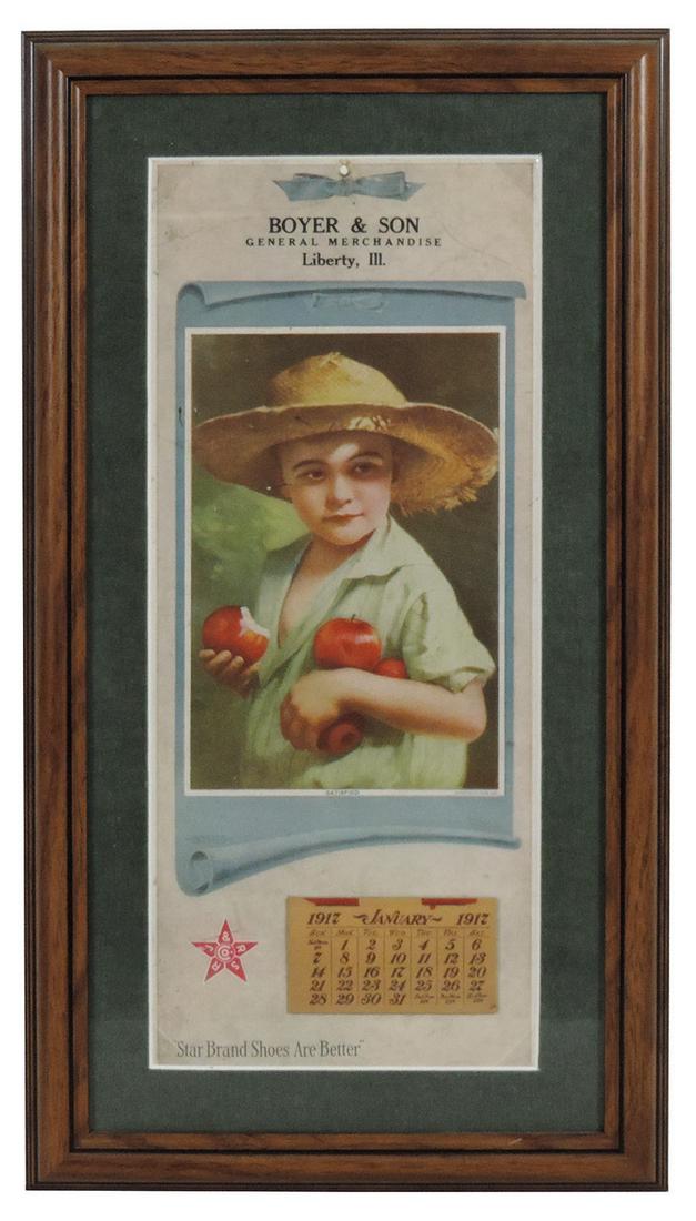 Victorian Fashion & Vanity, 1917 Star Brand paper litho: Victorian Fashion & Vanity, 1917 Star Brand paper litho calendar from Boyer & Son-Liberty, Ill, full calendar pad, prof framed & matted, overall Good cond w/tears & folds on upper fifth, 23"H x 12.5"W