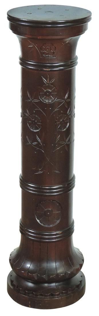 Furniture, Aesthetic Victorian Mahogany Pedestal,: Furniture, Aesthetic Victorian Mahogany Pedestal, cylindrical form w/incised floral rosettes, VG refinished cond, 37"H x 10"W.