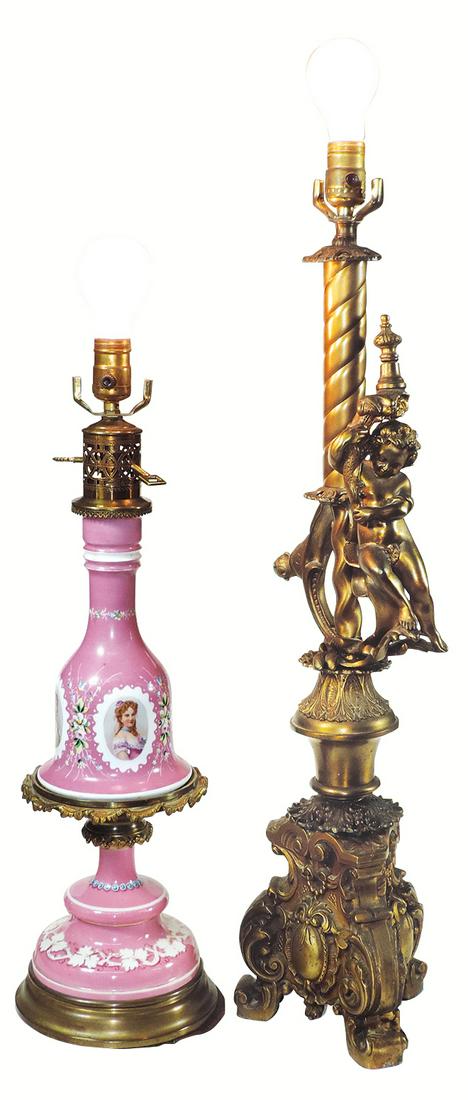 Lighting (2), Converted Victorian French Oil Lamps,: Lighting (2), Converted Victorian French Oil Lamps, figural bronze w/Putto & porcelain Old Paris w/portraits, VG cond, 32"H & 24"W x 8"D.