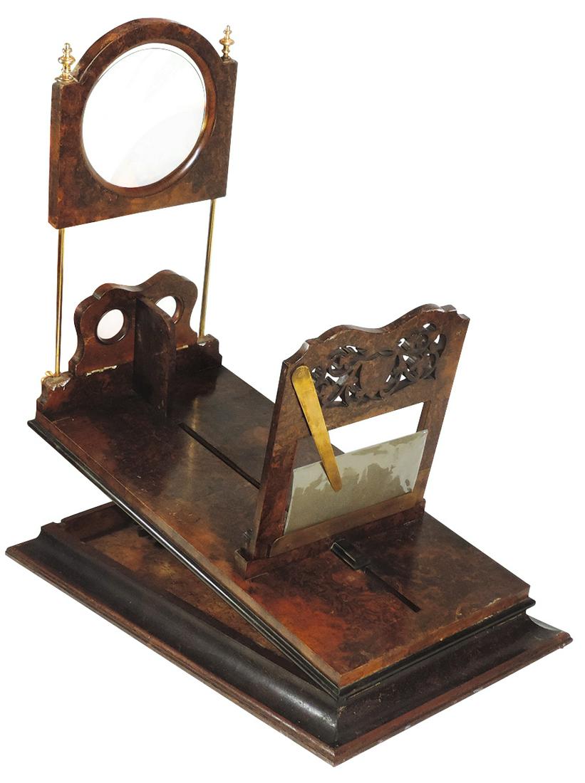Stereo Viewer, Rosewood "Graphoscope", 19th Century: Stereo Viewer, Rosewood "Graphoscope", 19th Century table-top model w/adjustable height bed containing a linear motion image frame, adjustable light condenser raised on brass rods & a folding divided 