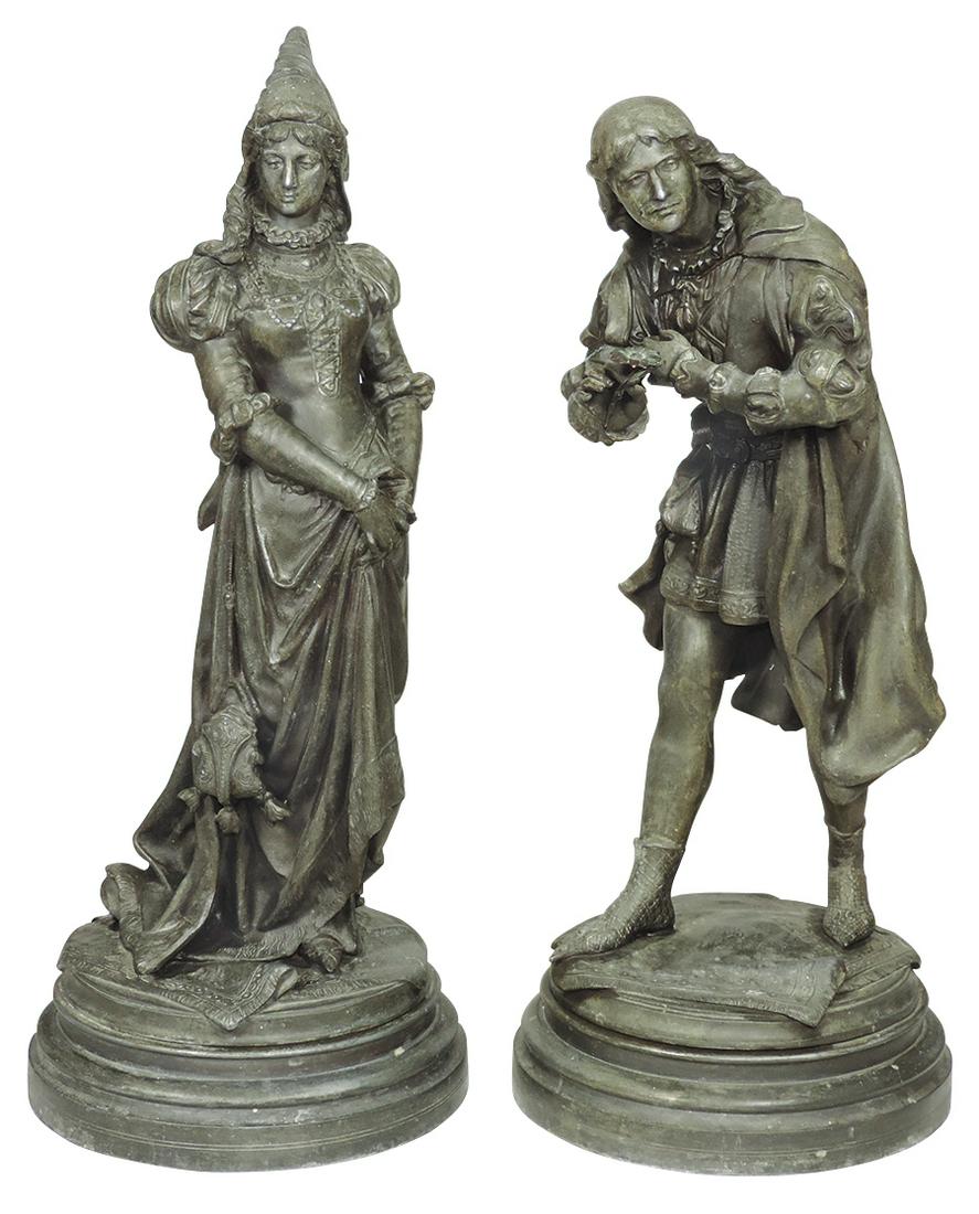 Clock Figures, Large Victorian Pair, 19th Century,: Clock Figures, Large Victorian Pair, 19th Century, period man & woman in patinated metal w/iron base plates, probably by Ansonia, VG cond w/wear to finish typical of age & handling, larger 20.5"H.