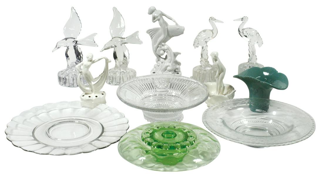 Decorative Crystal (13), includes Cambridge figural: Decorative Crystal (13), includes Cambridge figural frogs, etched console bowls, Depression Glass & German Art Pottery nude flower frogs, Exc cond, up to 10"H & 14"Dia.