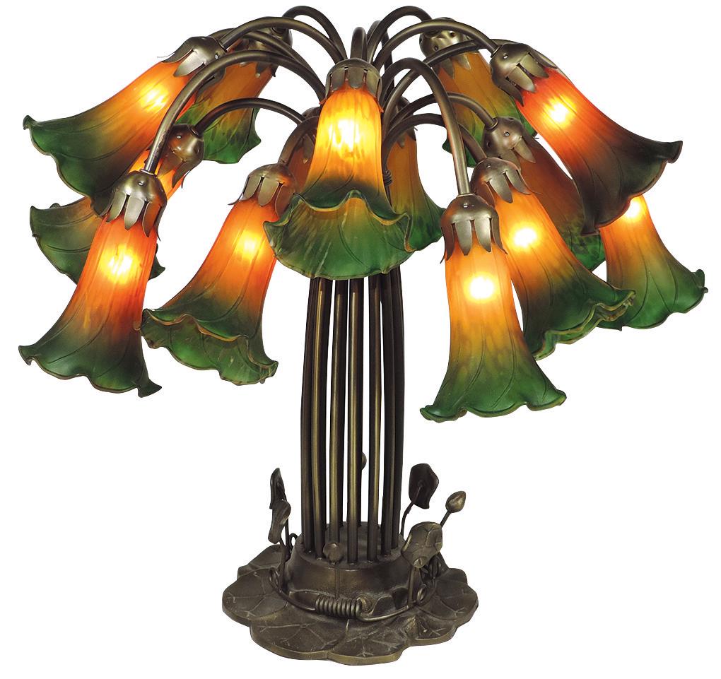 Lighting, 15 Lily Light Table Lamp, later 20th Century: Lighting, 15 Lily Light Table Lamp, later 20th Century w/shaded & mottled Art Glass shades, VG to Exc cond, 21"H x approx 24"Dia.