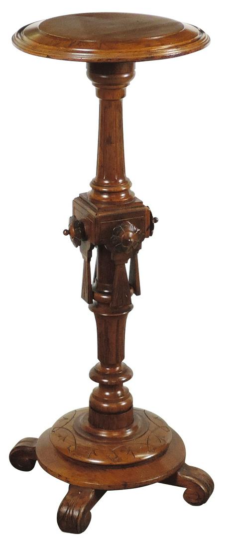 Furniture, Parlor Stand, Aesthetic Victorian, walnut: Furniture, Parlor Stand, Aesthetic Victorian, walnut w/carved rosettes & incised decoration, VG refinished cond noting small loss to one rosette, 36"H w/14"Dia top.