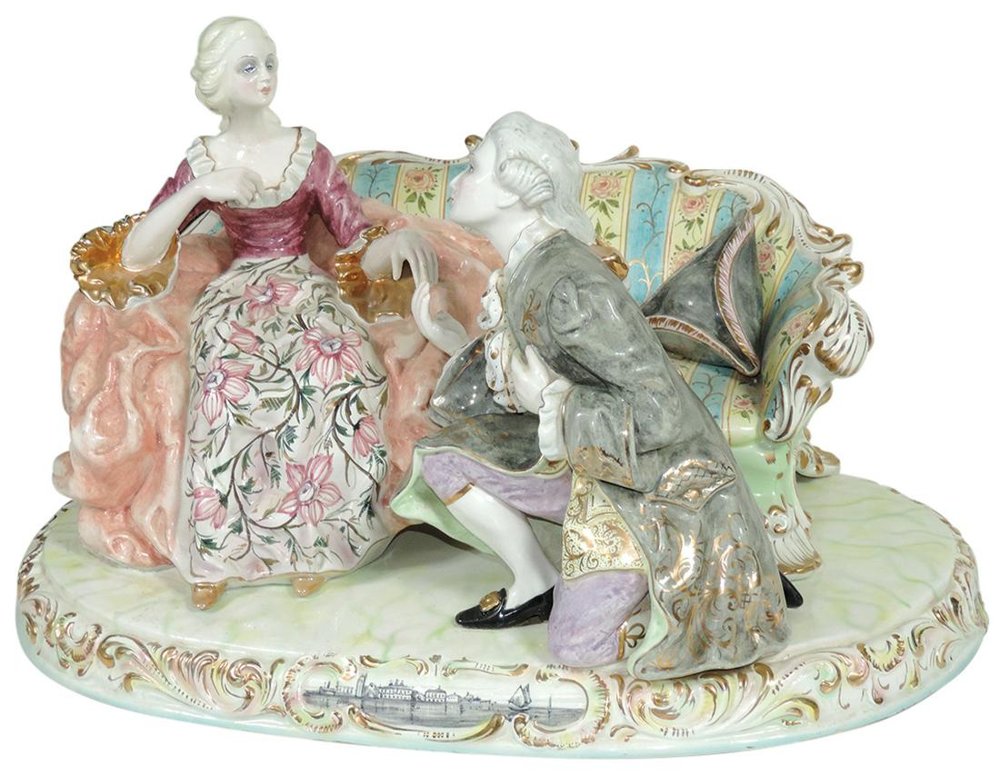 Decorative Capodimonte Figural Group, 1st half 20th: Decorative Capodimonte Figural Group, 1st half 20th Century, Courting Scene w/hand-painted features & grisaille scenics, impressed "Made in Italy", Exc cond, 21"H x 13.5"W x 15"D.