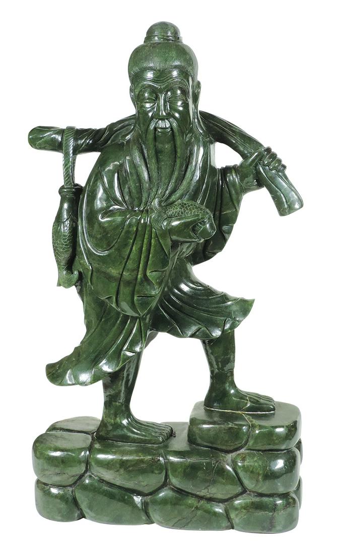 Large Chinese Carved Spinach Jade Fisherman: Decorative Chinese Carved Jade Fisherman, large and impressive, 20th Century, fully carved in the round on a rockery plinth, Exc cond w/no chips, cracks or repairs, 22"H x 12"W x 5"D.