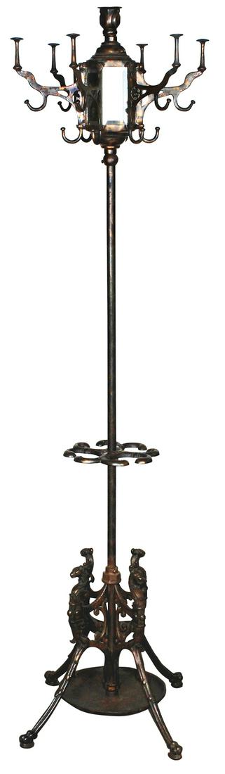 Furniture, Victorian Cast Iron Umbrella/Coat Stand: Furniture, Victorian Cast Iron Umbrella/Coat Stand w/Griffins, figural griffin-legged base & 6 rotating garment hooks, beveled mirrors & orig copper splashed finish, VG cond w/some wear & oxidation, 6