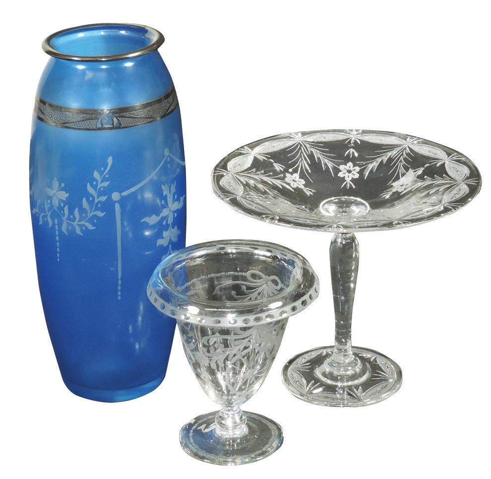 Decorative Elegant Cut Crystal (3), signed Hawkes blue: Decorative Elegant Cut Crystal (3), signed Hawkes blue flashed vase w/cut designs & silver overlay, a Pairpoint (attributed) tazza & a rolled rim vase w/cut & etched designs, all Exc cond, largest 12"