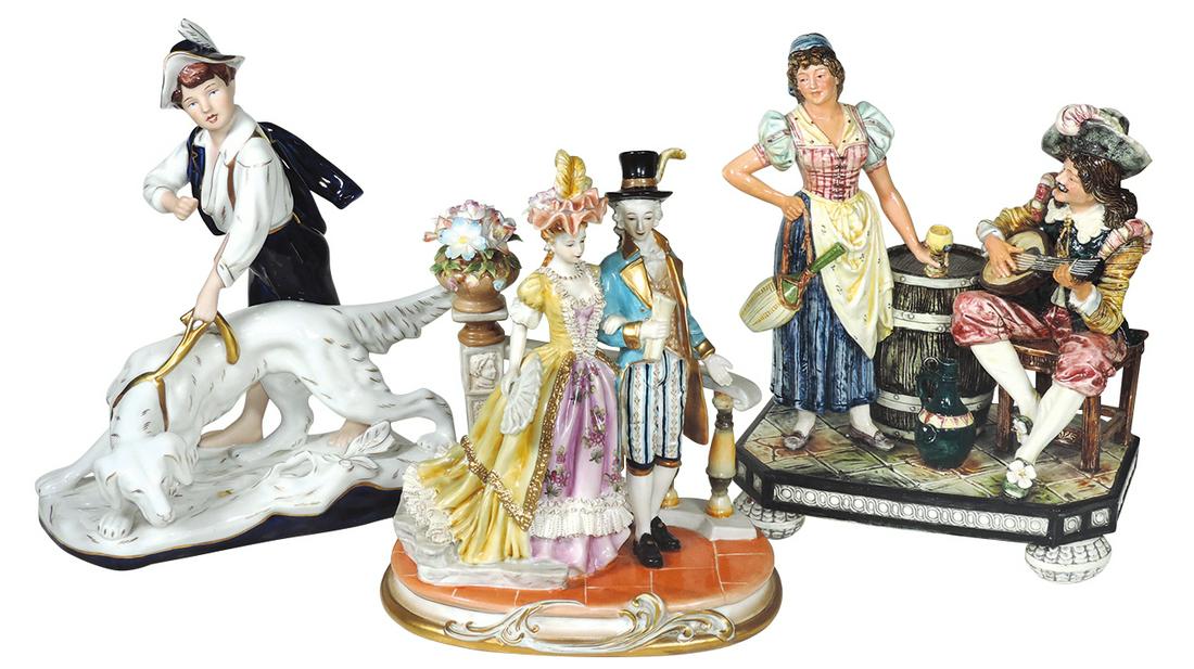 Decorative Figural Porcelain & Pottery (3), fine: Decorative Figural Porcelain & Pottery (3), fine Majolica tavern scene, semi-modern Royal Dux boy w/dog & a Meissen style couple, VG to Exc cond, 11.5"H -13.5"H.