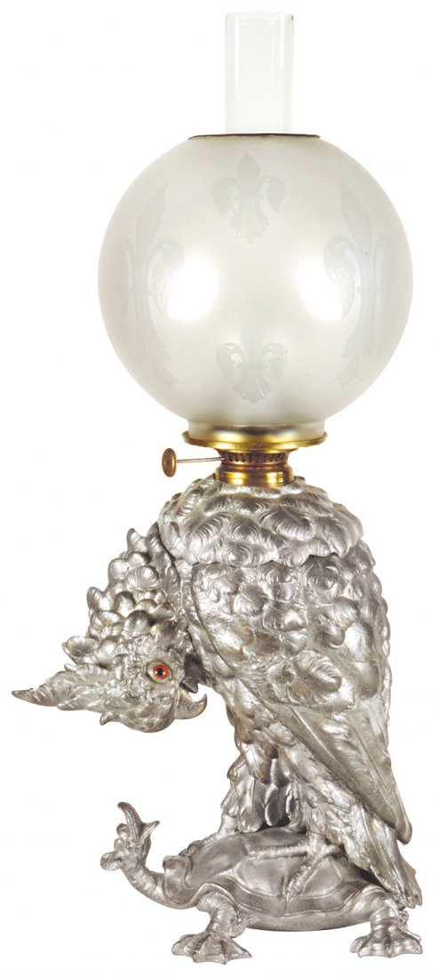 Lighting, Rare American Cockatoo on Turtle Kerosene: Lighting, Rare American Cockatoo on Turtle Kerosene Lamp, c.1890, attributed to Craighead & Kintz Mfg. Co.-Massachusetts, figure set w/amber glass eyes, orig gilt showing under later silver finish, pe