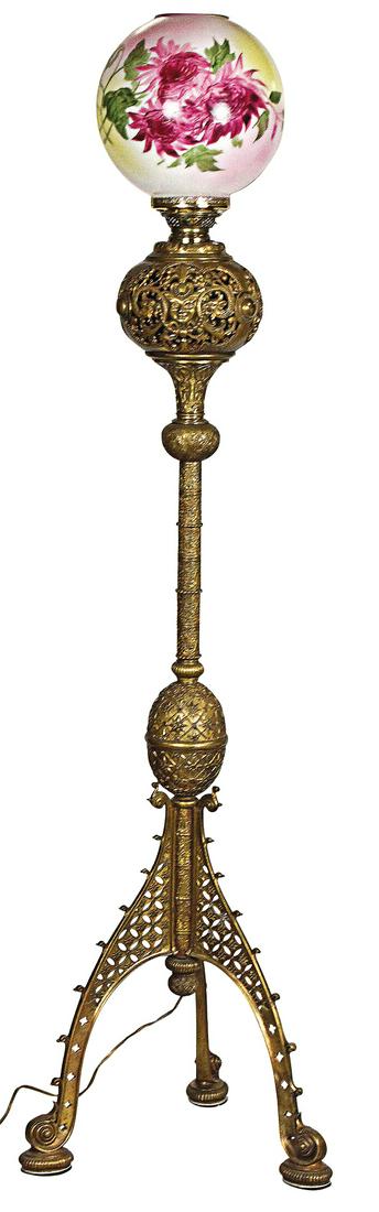 Lighting, Bradley & Hubbard Gilt Brass Piano Lamp,: Lighting, Bradley & Hubbard Gilt Brass Piano Lamp, circa 1880's in Chinoiserie taste w/facial masks & dragons on reticulated font, raised on an ornate diaper pattern tripod base, VG to Exc cond, later