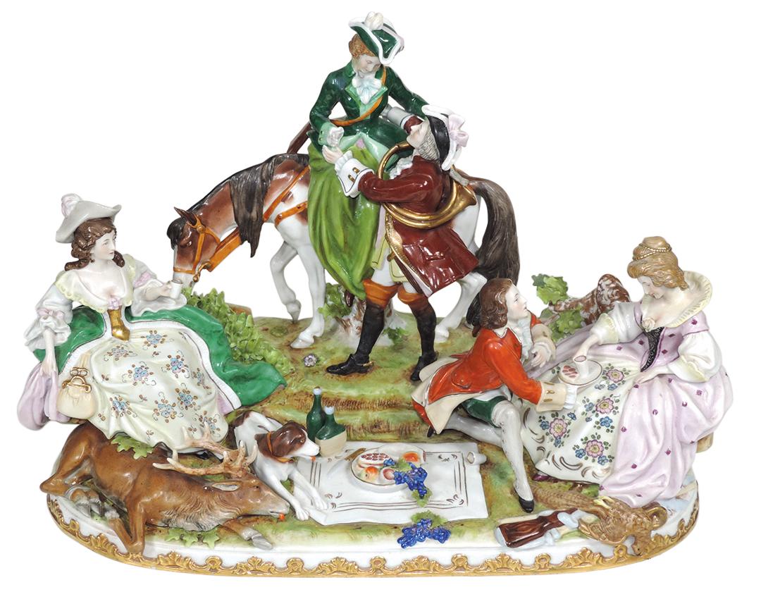 Decorative German Porcelain Figural Group,: Decorative German Porcelain Figural Group, Scheibe-Alsbach, Thuringia, Early 20th Century, hunting theme w/figures modeled in a romantic picnic setting, "S" backstamp & impressed Model #11794, Exc con