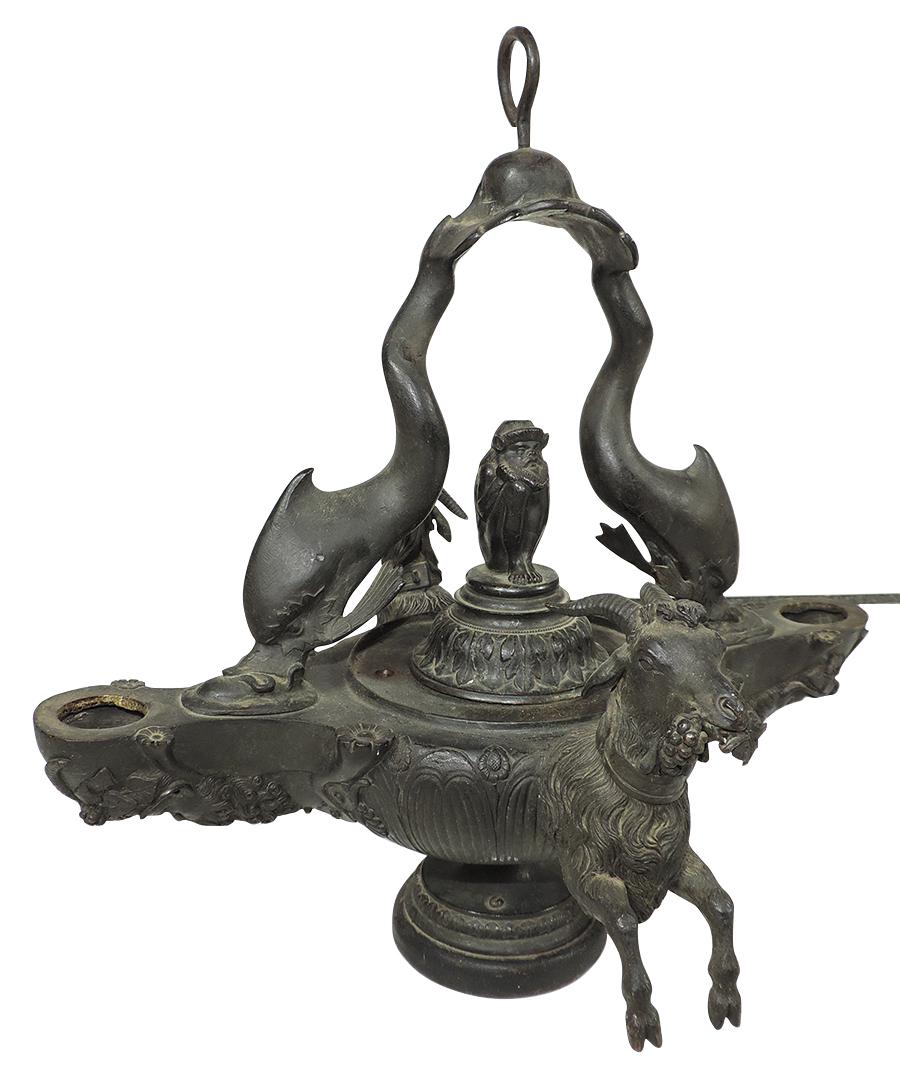 Lighting, Italian Renaissance Paduan Bronze Oil Lamp,: Lighting, Italian Renaissance Paduan Bronze Oil Lamp, most likely 16th to 17th Century, dual spout reservoir finely cast & chiseled, ea w/a bearded horned Satyr flanked by figural horned goats & suspe
